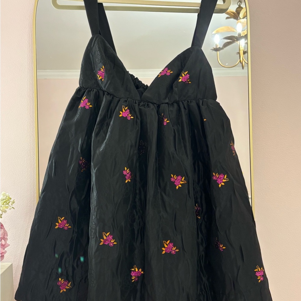 For Love And Lemons Black Dress with Pink and Yellow Embroidery